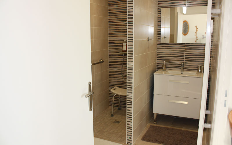 Photo de la salle de bain où l'on voit la douche italienne et un lavabo