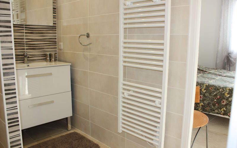 Photo de la salle de bain de l'appartement duo où l'ont voit le lavabo et un sèche serviette